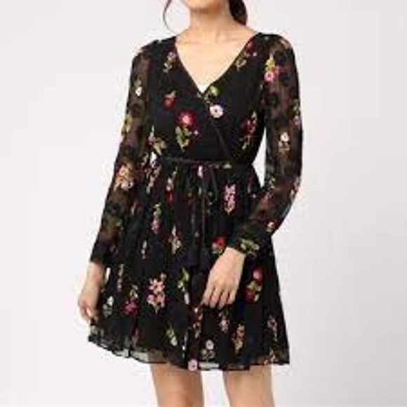 kate spade Dresses & Skirts - Kate Spade In Bloom Chiffon Dress Silk Black Floral Belted Faux Wrap 4